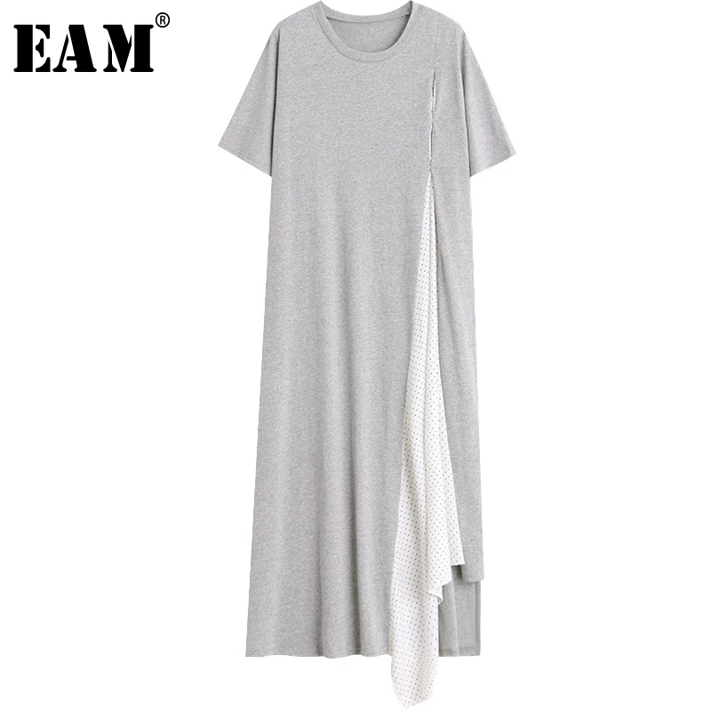 

[EAM] 2019 New Spring Summer Round Neck Short Sleeve Black Dot Printed Irregular Hem Loose Dress Women Fashion Tide JR211