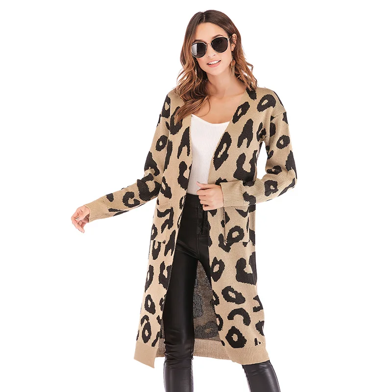 khaki Fitshinling Мода зимний Кардиган женский свитер с длинными рукавами Boho леопардовые карманы Тонкий длинный кардиган вязаный жакет женский - Цвет: khaki