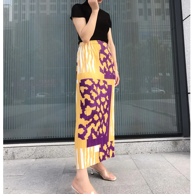 HOT SELLING Miyake fold fashion geometric print long skirt IN STOCK