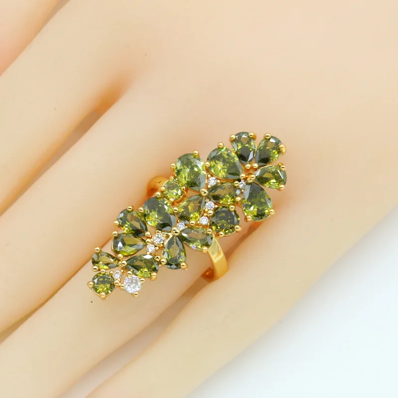 Jewelry Sets Women Green Peridot Gold Plated Earrings Necklace Pendant Ring Bracelet Birthday Gift