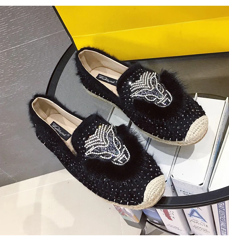 Fashion Hemp Loafers Women Espadrilles Flats Shoes Sewing Rhinestone Round Toe Ladies Casual Moccasins Slip On Brand Style New