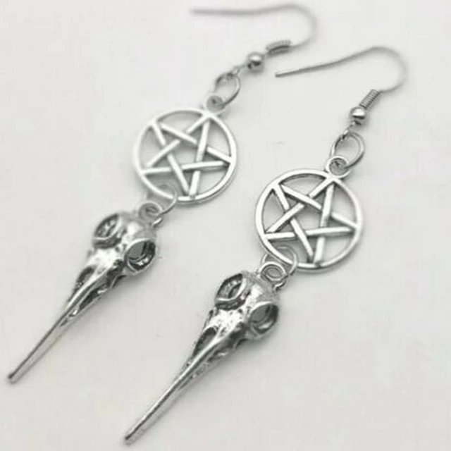 Gothic Raven Bird Skull Pentagram Drop Dangle Silver Earrings Halloween Gift