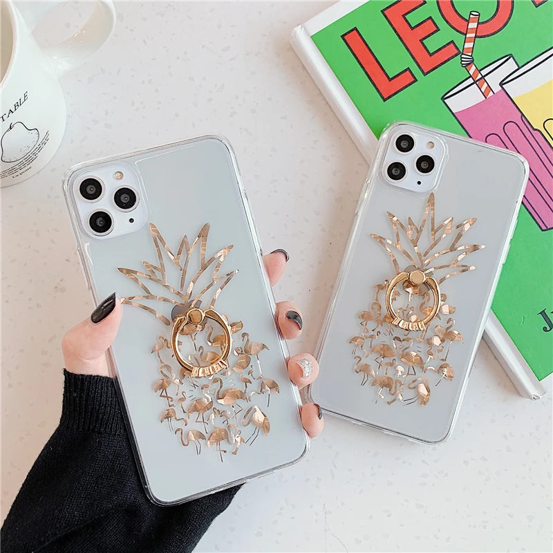 Роскошный Блестящий Прозрачный чехол для телефона с ананасом для iphone 11 11Pro Max, чехол для iphone XS Max XR X 7 8 Plus, задняя крышка с кольцом