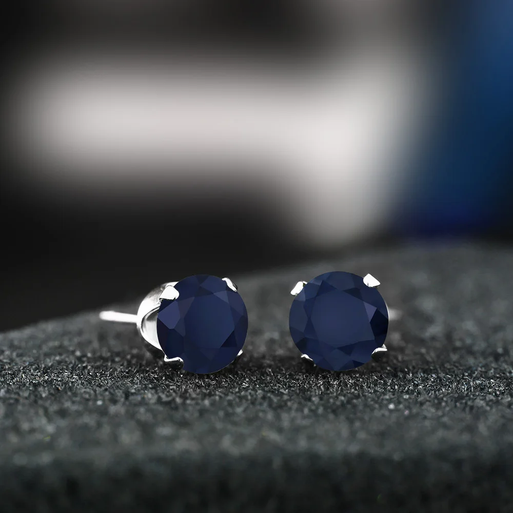 GemStoneKing 2,12 Ct 6 мм круглый синий сапфир Для женщин серьги 10K белое золото 4-зубчатые серьги-гвоздики