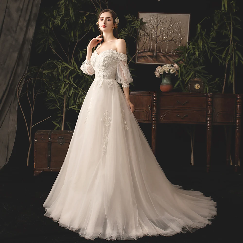 2019 Свадебные платья Boho Vestido De Casamento, с вырезом лодочкой, с короткими рукавами, на шнуровке, с аппликацией из бисера, вуаль, свадебные платья