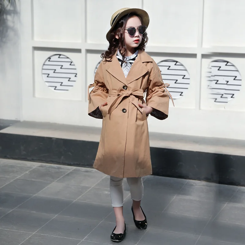 

Child Trench Coat 2019 Autumn New Style Girls Korean-style Bell Sleeve Solid Color Belt Trench Coat Big Boy Coat on Behalf