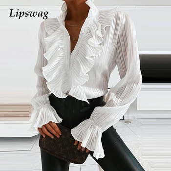 

Women Ruffle Tie Button Chiffon Blouse Summer Elegant Office Lady Shirt Blouse Solid Spring Pleated Flare Sleeve Tops Blusa 3XL