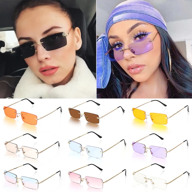 Retro Kleine schmale randlose Sonnenbrille Klare Brille Vintage Rechteck  Sonnenbrille für Frauen Männer