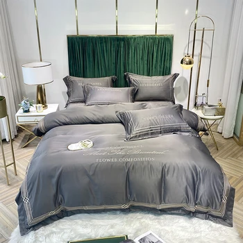 

Silky Bedding Set Satin Quilt Cover 4pcs Embroidery Luxury Bed Cover White Grey Modern Flat Sheet Smooth Bedspreads Queen Size