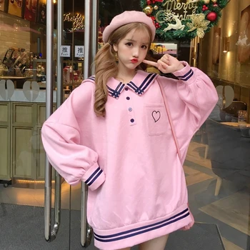 

Japanese Harajuku Women School Uniform Sailor Collar White Blue Pink Oversized Pullover Embroidery Fleece Autumn Warm Outerwear