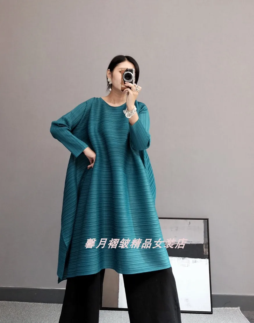 Лидер продаж Miyake модные однотонные складные с круглым воротником Длинные рукава большие трапециевидные платья