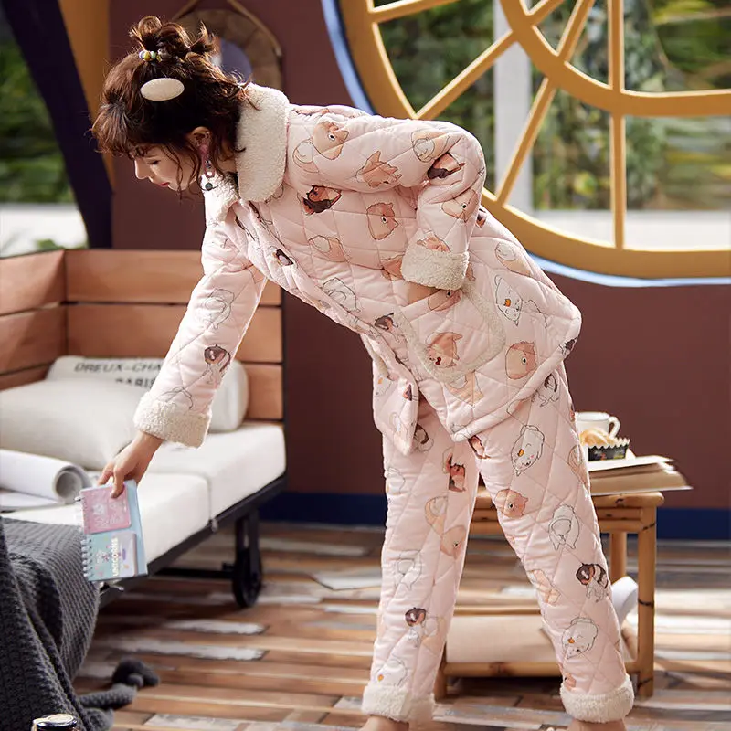 

2020 New Female Winter Pajamas Set Women Sleepwear Warm Flannel Long Sleeves Pajamas Pink Cute Animal Homewear Thick Home Suit
