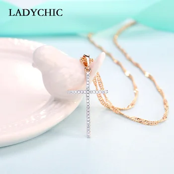 

LADYCHIC Fashion Gold Silver Color Zircon Cross Pendant Necklaces Dainty Thin Wave Chain Necklace for Women Jewelry Gift LN1074