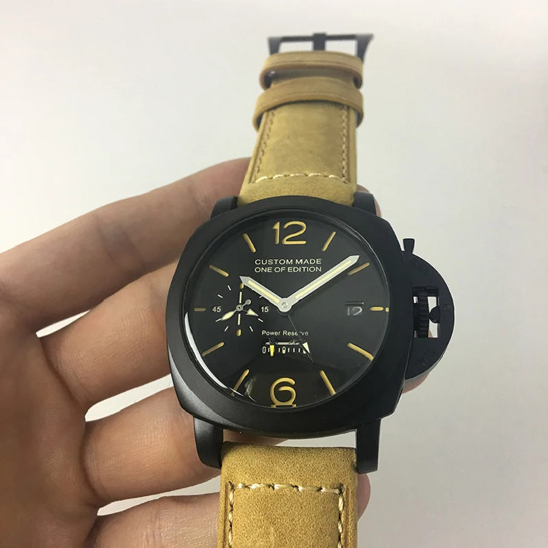 

44mm Automatic GMT Mechanical Watch Men Leather Strap Luminous Power Reserve PVD Case Military Waterproof Men Watch CM108