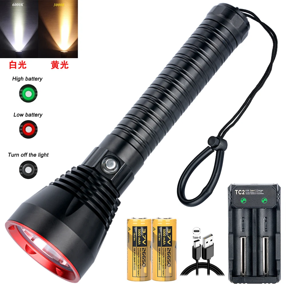 

6800lumens XHP70.2 White/Yellow LED Waterproof Scuba Diving Flashlight 100M Diver Light LED Underwater Torch Lamp DV12