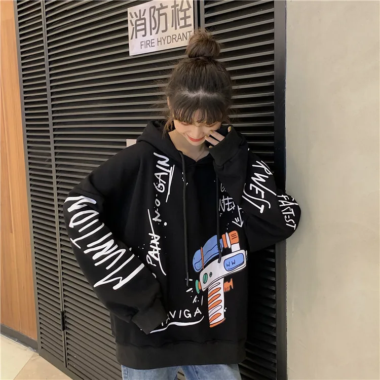 Корейская мода мультфильм печати балахон для женщин Зимний пуловер Harajuku негабаритных с длинным рукавом Толстовка школьницы уличная