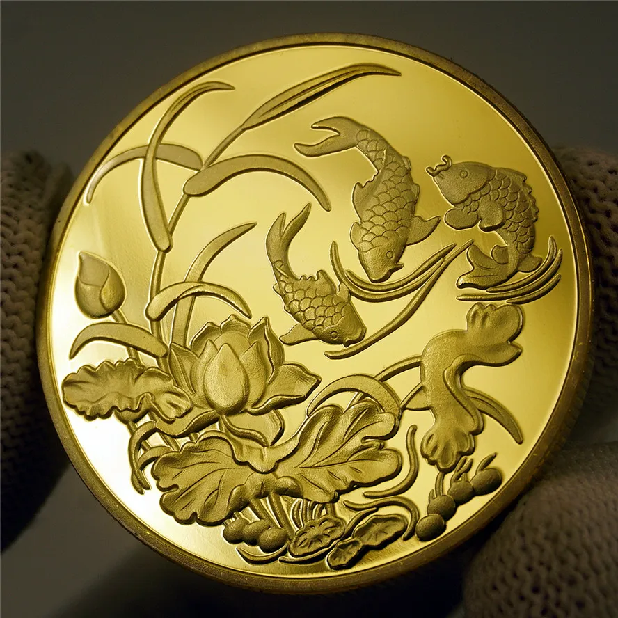 New Commemorative Gold plated Coin China Koi Fish coins Lucky Souvenir