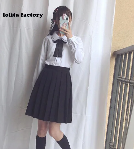 

JK Uniform Double Small Round Neck Top Short Sleeve Shirt with Short Sleeve at the Bottom and Student Shirt Outside blouse SKIRT