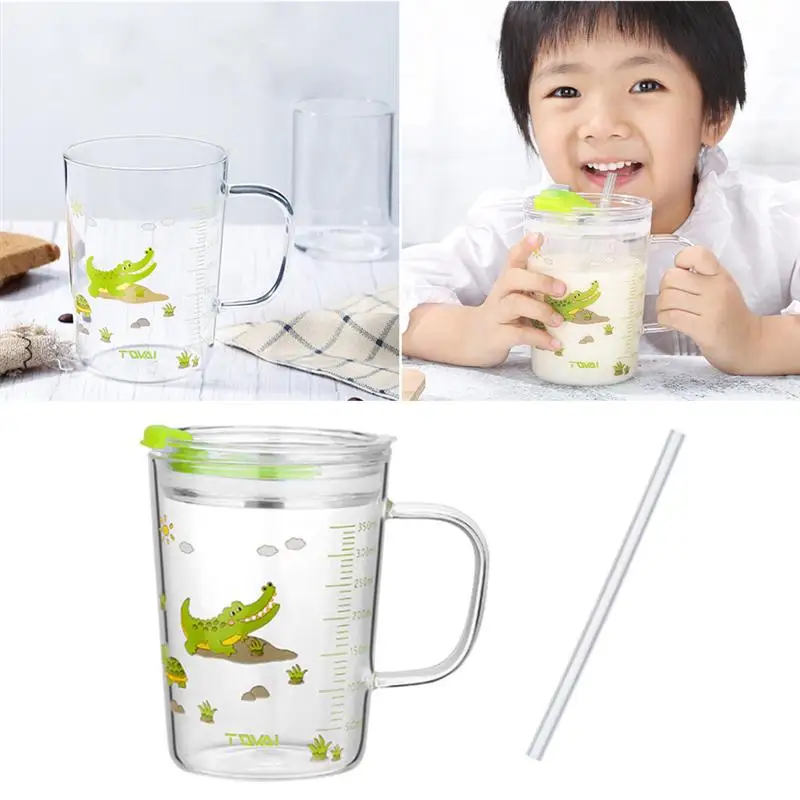

350ML Children Glass Mug Water Cup Milk Cup Leakage-Proof Cartoon Print Mug With Handle Scale Silicone Straw (Random Lid Color)
