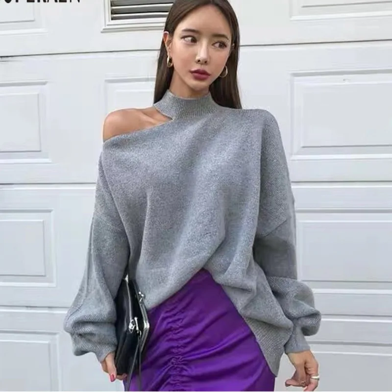 

TVVOVVIN Korean Off Shoulder Pullovers Sweater Women 2019 Autumn Winter New Irregular Ladies Sweater Solid Color Knit Tops F262