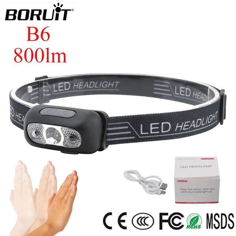 

BORUIT Headlamp Sensor Linterna LED Headlight Portable Head Light Mini USB Head Lamp B6 800lm Fishing Light