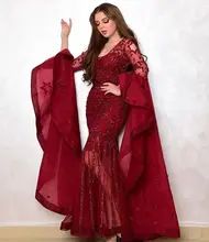

Orfila Women's Red Mermaid Prom Dress 2022 Long Sleeves Appliques Lace Scoop Arabic Saudi Party Dress Formal Prom Dress
