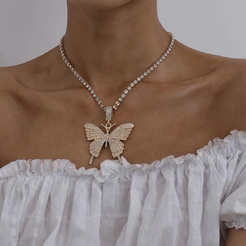 Aesthetic Full Rhinestone Large Butterfly Necklace For Women Iced Out