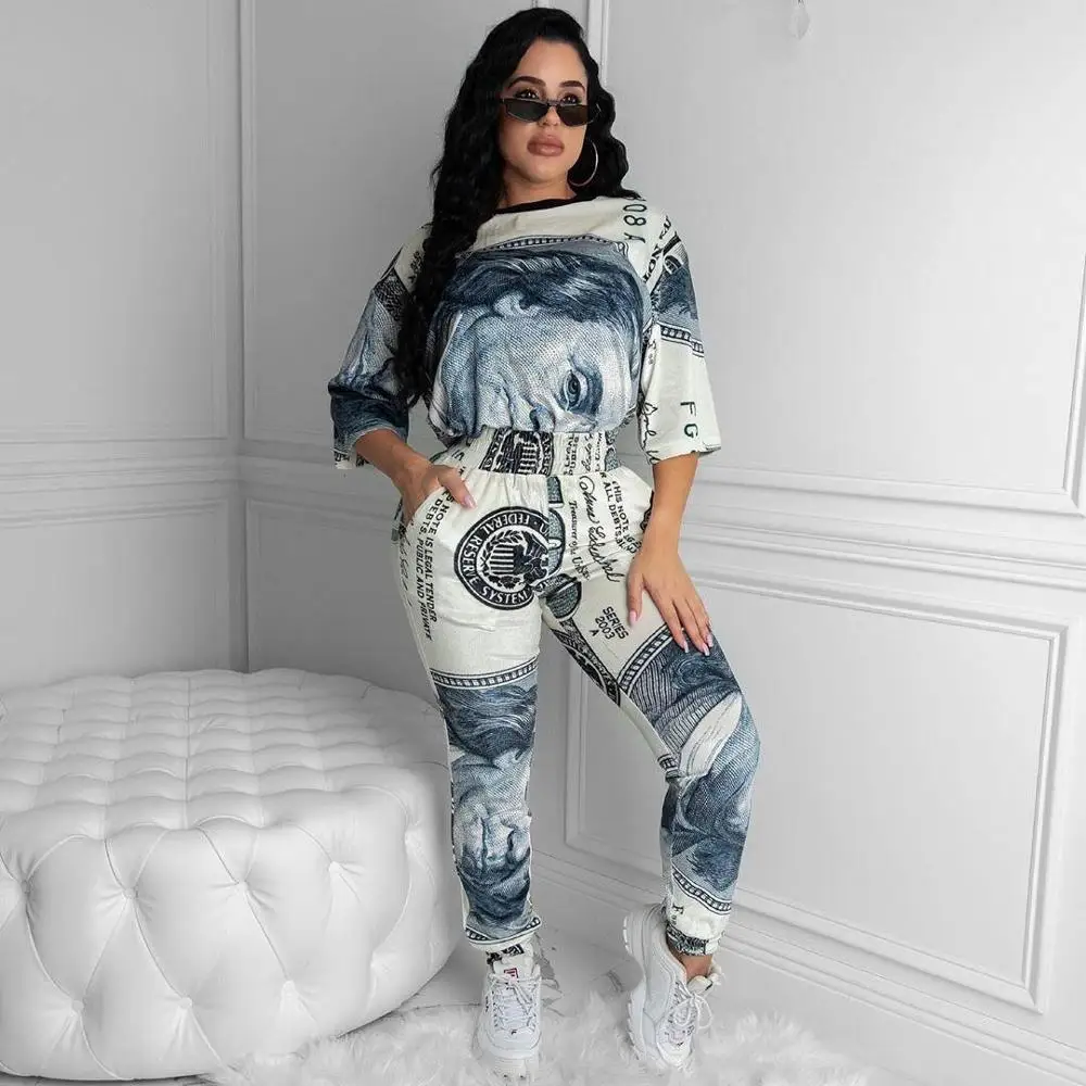 

Women's fashion "US dollar" digital printed casual two piece set loose top with elastic pants