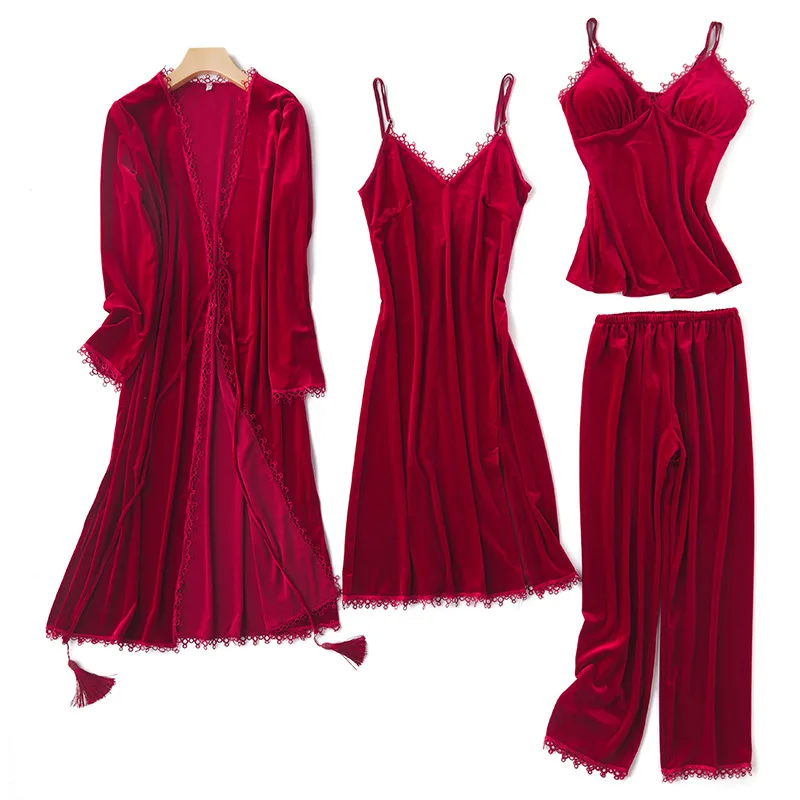 2020 Осень Зима золотой бархат 4 шт Теплый Женский пижамный комплект Сексуальная