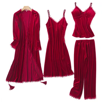 

2020 Autumn Winter Gold Velvet 4 Pieces Warm Women Pajamas Set Sexy Lace Sleepwear Sleep Lounge Long Sleeve Female Nightwear New