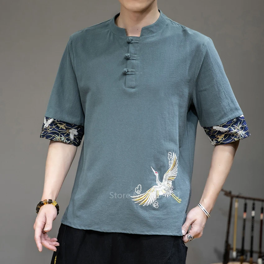 Chinese Traditional Linen Clothes Summer Men Crane Embroidery Print Patchwork Harajuku Asian Fashion Casual Streetwear Top Shirt