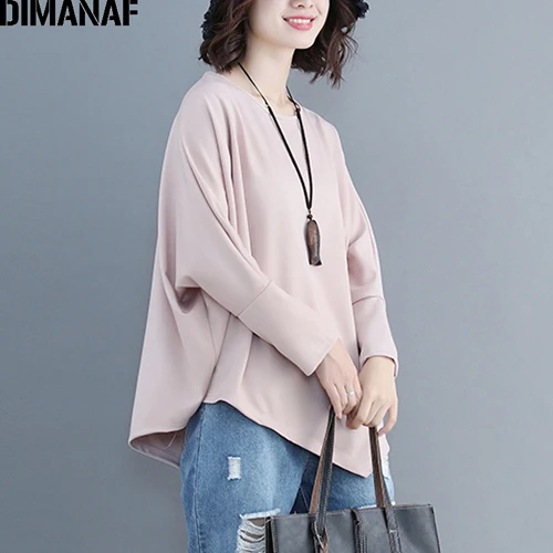 Niu99601CN-fen DIMANAF плюс размер женские футболки хлопок, большой размер базовые Топы тройники свободная повседневная женская одежда Туника Футболка длинный рукав сплошной осень - Цвет: Niu99601CN-fen