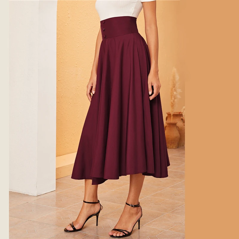 Sheinside элегантный широкий пояс трапециевидная юбка для женщин осень Кнопка деталь высокая талия юбки женская плотная плиссированная юбка