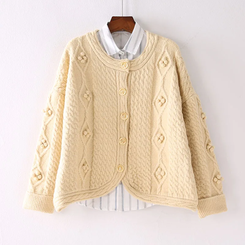 

2019 Autumn And Winter New Style Sweet College-Style Linen Flower Color Thick Thread Furry Ball Sweater Blouse Coat Knitted Card