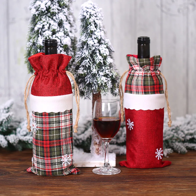 Красная клетчатая ткань Рождественская винная бутылка крышка рождественские вечерние украшения Рождественский шнурок Подарочный мешок шампанское красное вино держатель бутылки