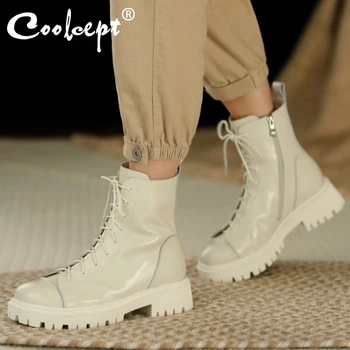

Coolcept Women Short Boots Warm Fur Fashion Real Leather Winter Shoes Woman Plush Platform High Heel Boot Footwear Size 33-42