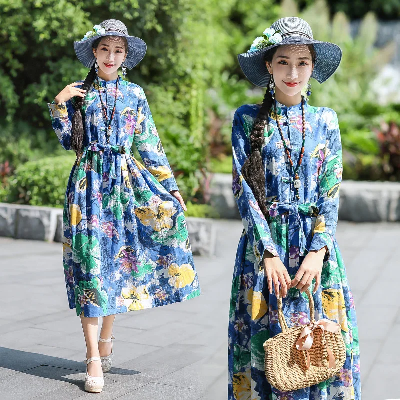 

Winter New Style WOMEN'S Dress National Wind Retro Literature And Art Frog Big Hemline Long Sleeve Cotton Linen Dress
