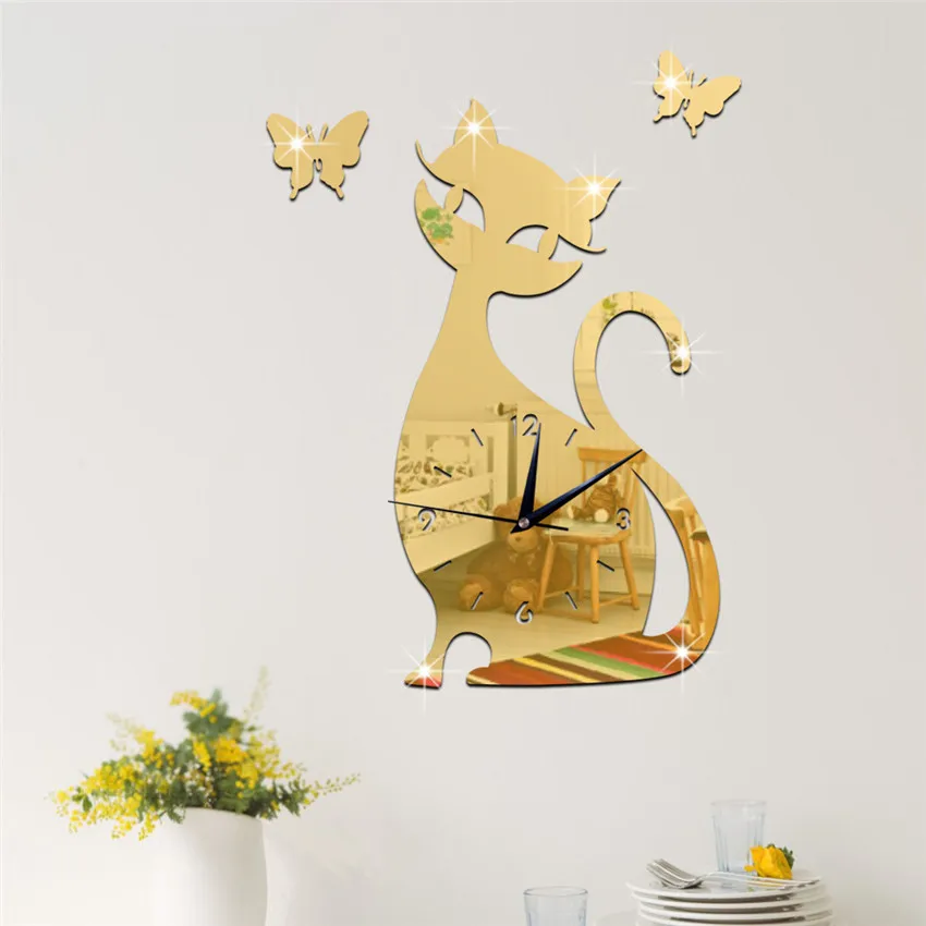 Acrylic Mirror Wall Clock Cartoon Cat Pointer Clock Watch Office Living Room Wall Mounted Clocks Decoration часы настенные