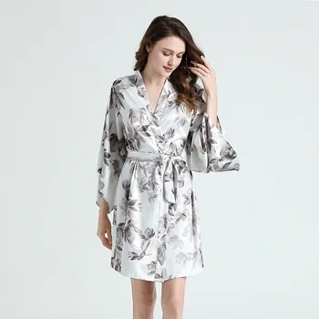 

Lady Kimono Bathrobe Gown Satin Print Sleepwear Nightgown Silky Intimate Lingerie Nightdress Casual Home Dressing Gown Homewear