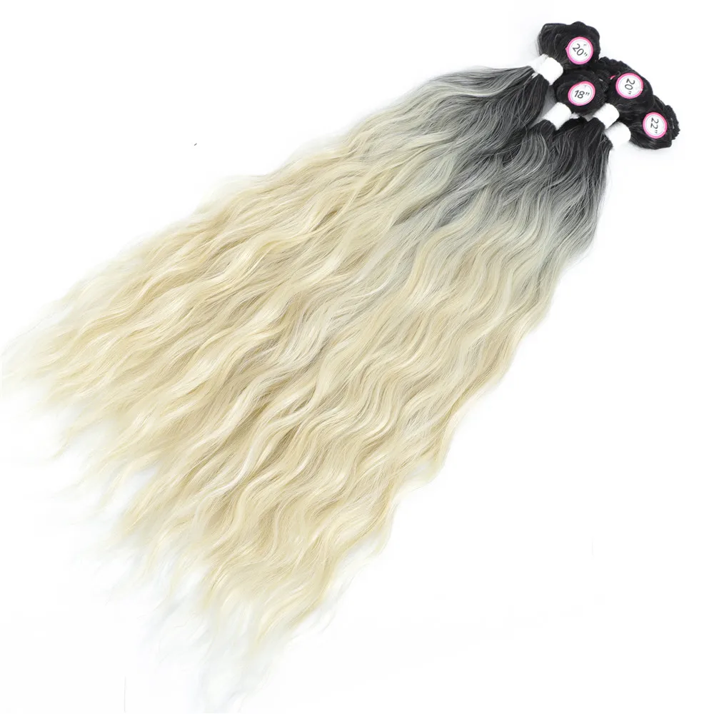 Ombre Blonde Colored Synthetic Hair Extensions X-TRESS Natural Wave 6 Bundles With Lace Closure Middle Part Colorful Curly Weave