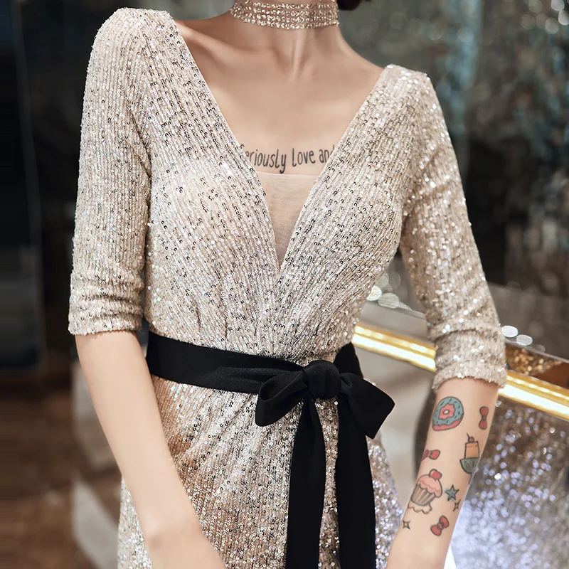 It's Yiiya Evening Dress Silver Shining Sequined Half Sleeve Gowns Mermaid Long Elegant Evening Dress Split Robe de soiree K064