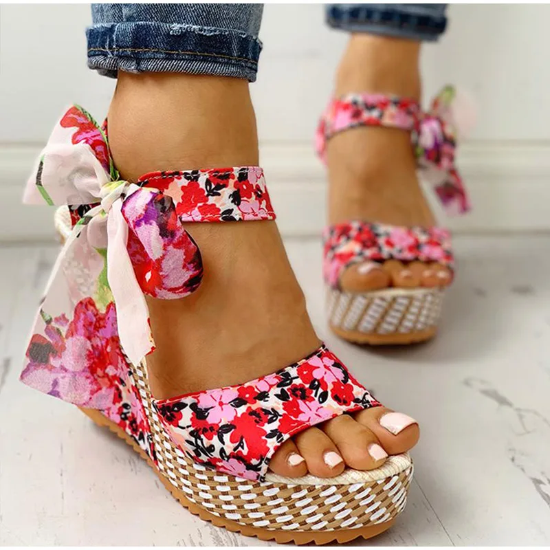 Women Platform High Heels Sandals Summer Beach Boho Floral Wedge Ankle Strap
