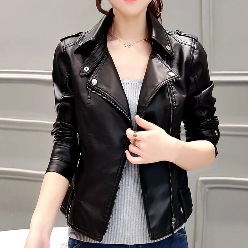 

2019 Brand New Asymmetric Zip Soft PU Faux Leather Jackets Women Daily Casula Moto Biker Basic Leather Coat Black Spring Autumn