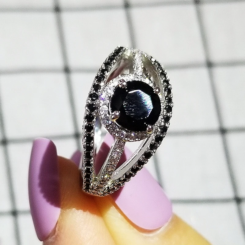 

2020 new trendy black color round 925 sterling silver engagement ring for women lady anniversary gift jewelry bulk sell R5806