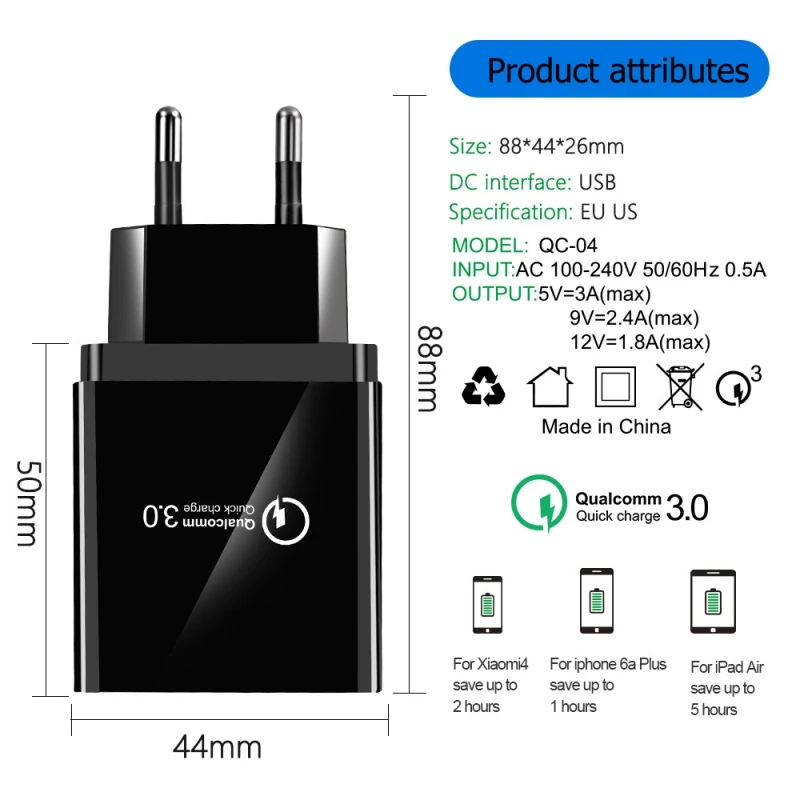 

for Samsung A50 iPhone 7 8 X Huawei P20 Tablet QC 3.0 Fast Wall Charger US EU UK Plug Adapter 48W Quick Charger 3.0 USB Charger