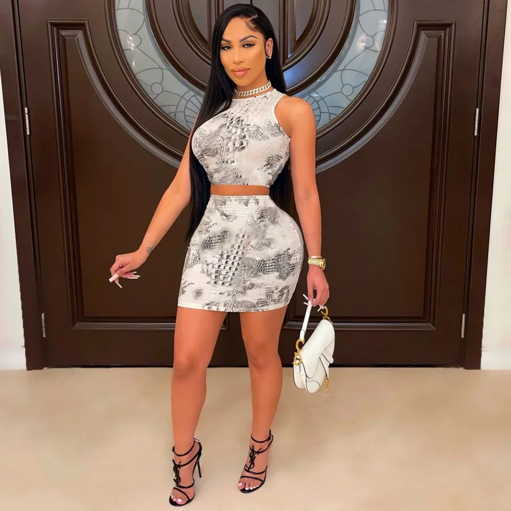 2 Piece Ladies Suit Summer New Snake Print Print Sleeveless Vest And Skirt Sexy Fashion Short Skirt Suit Casual Women