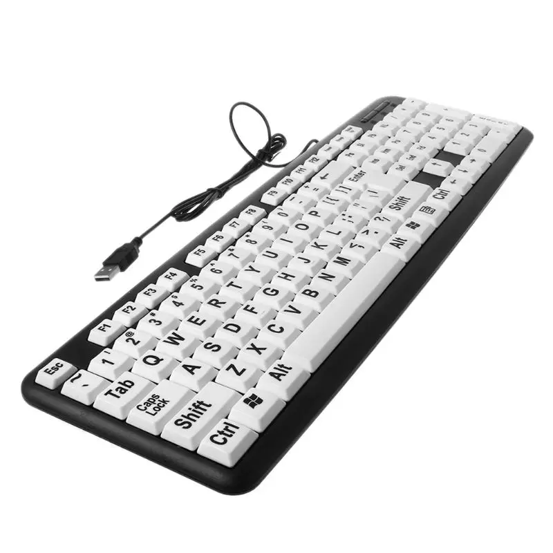 USB Проводная компьютерная игровая клавиатура, высокая контрастность, большой принт, белые клавиши, черная буква для пожилых людей, пожилых мужчин