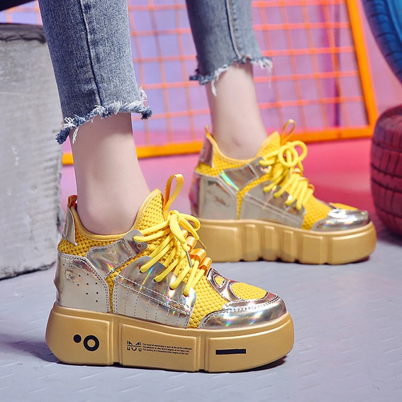 

Laser Yellow High Platform Sneakers for Women Breathable Thick Bottom Casual Shoes Woman Height Increasing Ladies Shoes