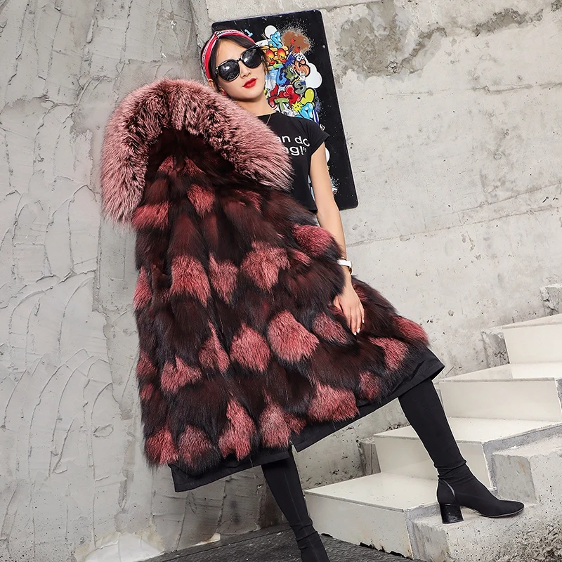 middlelong black 3 Xlong зимняя шуба из натурального Лисьего меха, женские парки из натурального меха, цветная куртка из лисьего меха с капюшоном, Женская хлопковая Новинка свободная уличная одежда - Color: middlelong black 3