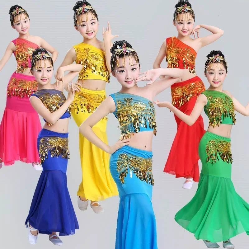

100-160CM Belly Dance Children's Day Women Shoulder Off Girl Cosplay Stage Sequin Oriental Costumes for Kids Skirts Tail Fish